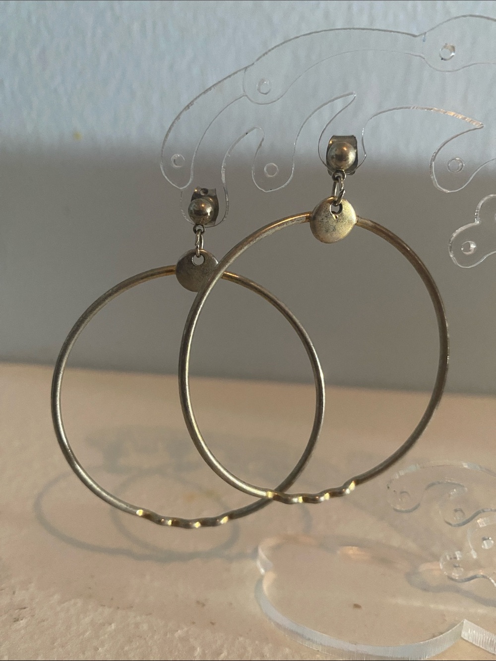 Gold Hoop Drop Earrings with Disc Accent